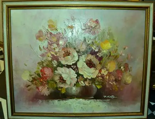 Gemälde, Öl auf Platte,Blumenstilleben .sign.: T.Kelly, ca.1950,gerahmt