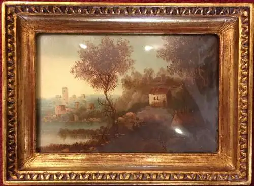 Dekoratives kleines Ölbild Uferlandschaft, nicht signiert, gerahmt hinter Glas