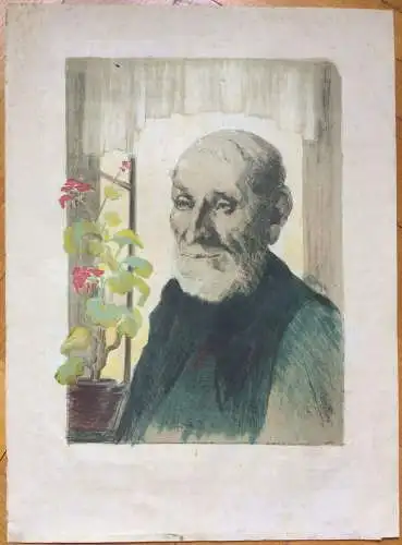 Colorierte Lithographie Portrait eines alten Mannes mit Blumen