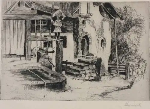 Radierung „Brunnhaus bei Meran“, signiert, im Passepartout