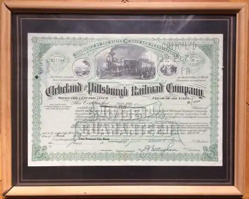 Originalaktie d. „Cleveland and Pittsburg Railroad Company“ gerahmt, hinter Glas