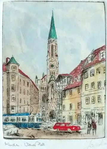 Farbradierung „München – Wiener Platz“, signiert, im Passepartout