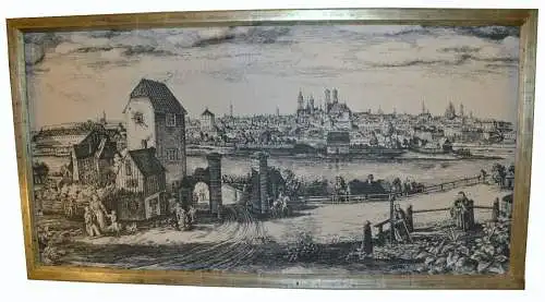Großer Bilderrahmen mit Stoffdruck,Ansicht von München,20.Jhdt.