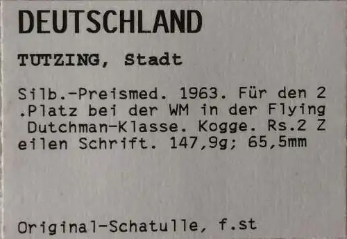 2.Preis Segeln, FD,  Klasse FLYING DUTCHMAN WM 1963 in TUTZING, 147gr Silber