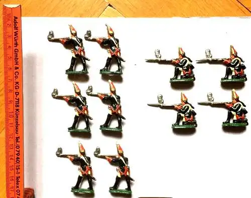 Zehn Metallsoldaten, Preußische Gardesoldaten in Uniform des 18. Jahrhunderts