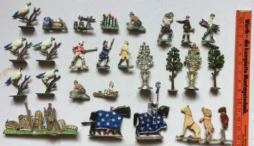 25 Zinnfiguren verschiedene Motive, Pflanzen, Zirkustiere, Vögel, Instrumente,