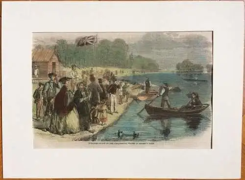 Colorierter Stahlstich Vergnügungsboote im Regent's Park London, im Passepartout