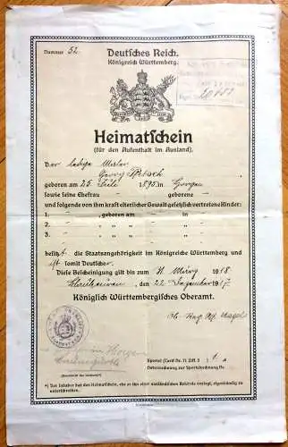 Heimatschein des Königreichs Württemberg für Aufenthalt im Ausland 1917