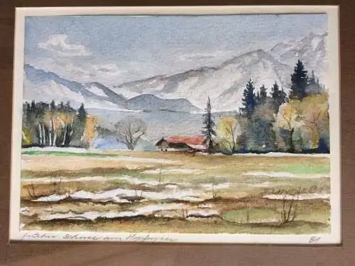 Aquarell „früher Schnee am Hopfensee“, monogrammiert, gerahmt hinter Glas