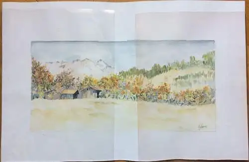 Aquarell Gebirgslandschaft mit Berghütten, signiert Yolaine (?), ungerahmt