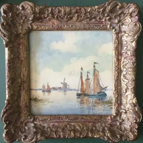 Bemalte, mehrfarbige Kachel „sign.Wenter,bez.Holland“, in Stuck Rahmen