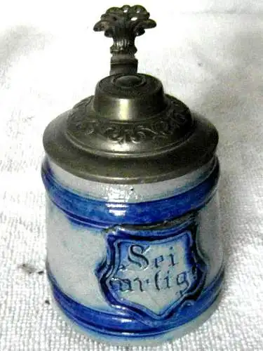 Kleiner Souvenir-Bierkrug aus Steingut mit Zinndeckel, ohne Marke, ca. 1900