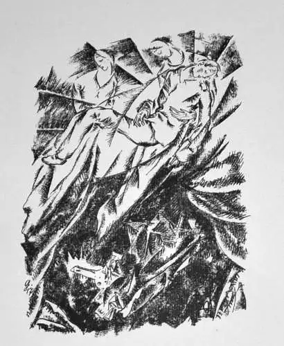 Lithografie,schwarz-weiß, Willy Geiger 1917,Expressive Komposition,i.Stein monog