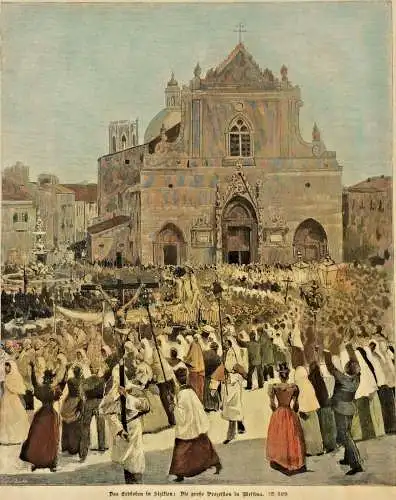 Colorierter Holzstich „Das Erdbeben in Sizilien: Die große Prozession in Messina