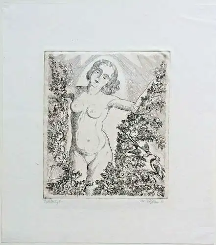 Original-Radierung „Erfüllung?“ von Johannes Däßler 1983 im Passepartout