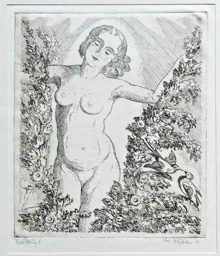 Original-Radierung „Erfüllung?“ von Johannes Däßler 1983 im Passepartout