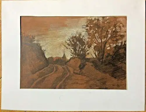 Original-Bleistift / Buntstiftzeichnung Hohlweg mit Baumgruppe, signiert