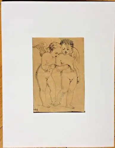 Originalzeichnung Zwei Putti, signiert, im Passepartout, repariert