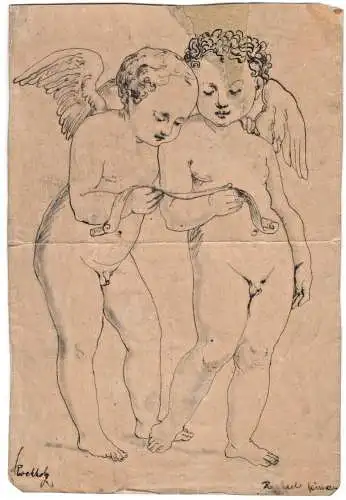 Originalzeichnung Zwei Putti, signiert, im Passepartout, repariert