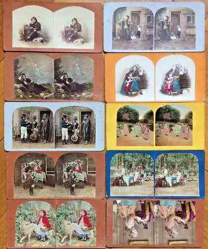 Zehn sehr alte Original-Stereo- / 3D-Photographien mit meist Märchen-Szenen