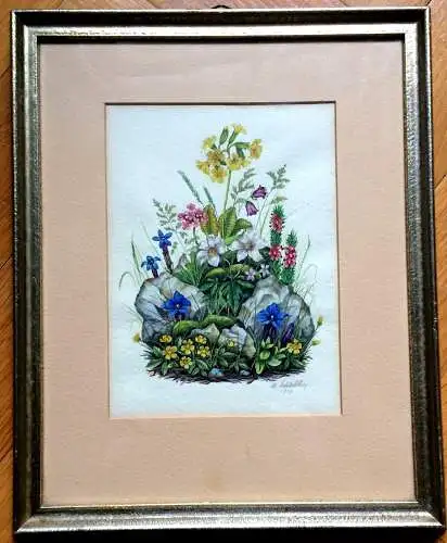 Aquarell mit Alpenblumen, signiert datiert 1943, im Passepartout, gerahmt
