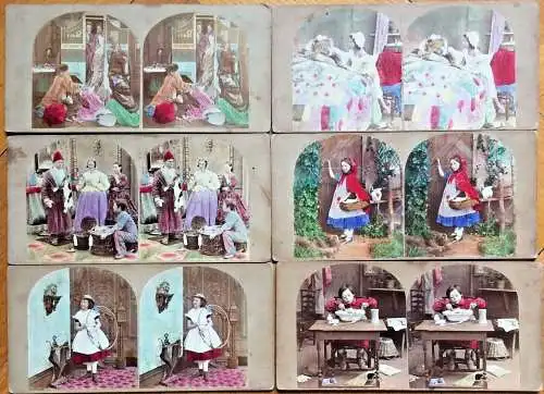 Sechs sehr alte Original-Stereo- / 3D-Photographien, Märchenszenen?