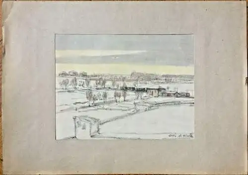 Original-Aquarell Landschaft mit fahrender Eisenbahn von Otto Albert Hirth, 1947