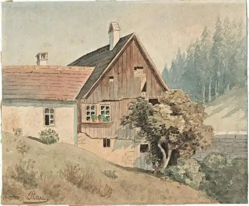 Aquarell Holzhaus mit Baumgruppe, signiert „Rau“
