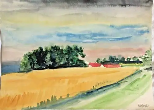 Aquarell Getreidefeld mit Baumgruppe signiert „Ulrich 61“ auf Papier