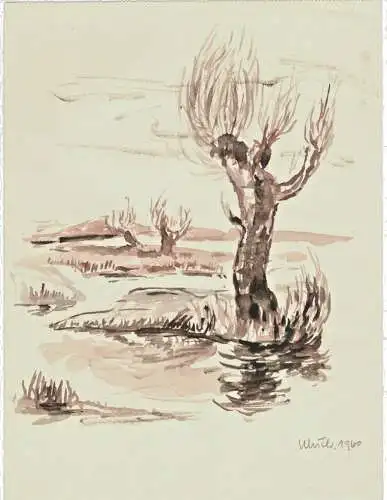 Aquarell Seenlandschaft mit Weiden signiert „Ulrich 1960“ auf dünnem Karton