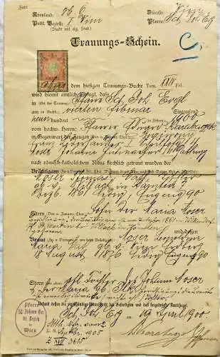 Alter Trauungs-Schein aus Wien aus dem Jahr 1900 mit Gebührenmarke