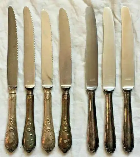 Sieben Messer versilbert, ca. Anfang 20. Jahrhundert, Länge 25 cm