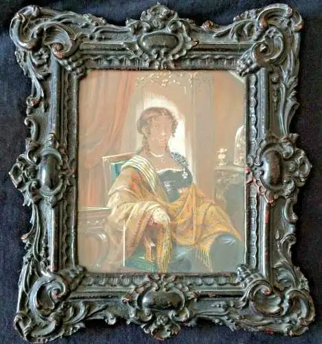 Kleines Ölbild einer sitzenden Frau in einem Lehnstuhl, ca. 1850, Stuckrahmen