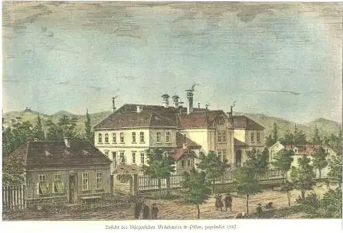 Colorierter Holzstich „Ansicht des Bürgerlichen Bräuhauses in Pilsen.."