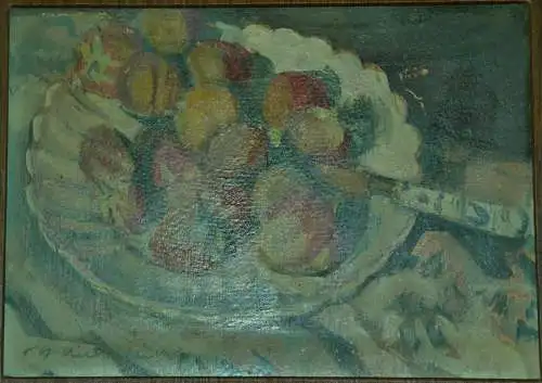 Ölbild,Karton,Teller mit Früchten, signiert,gerahmt,wohl um 1900