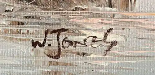 Ölbild auf Leinwand: Zwei Kutter an Anlegestelle, signiert, nicht gerahmt