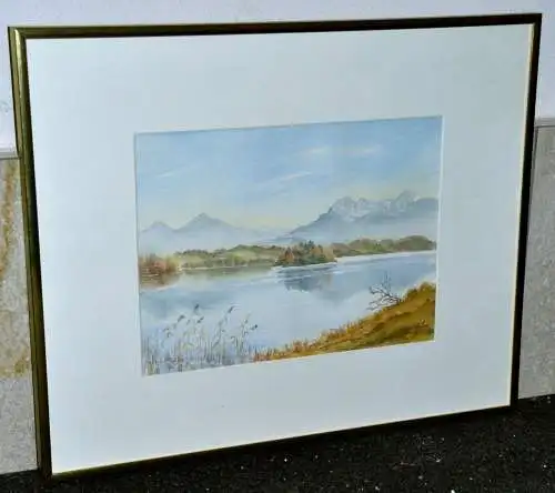 Original Aquarell,Inge Huber,Insel im See,wohl Staffelsee,gerahmt,Passepartout