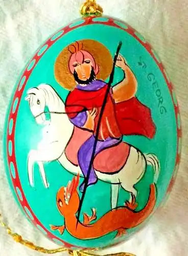 Wunderschönes bemaltes Ei, Osterei, Osterdekoration mit Motiv St. Georg