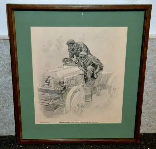  Holzschnitt,Automobilfernfahrt Paris-Berlin,gerahmt,unter Passepartout ,um 1900
