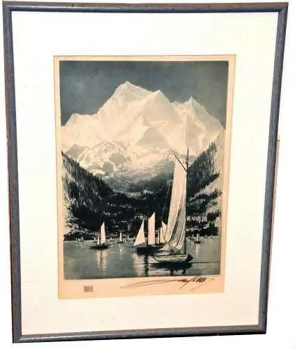 Grafik,Radierung,Segelboote a.d.Genfersee v. Montblanc,gerahmt,Passepartout
