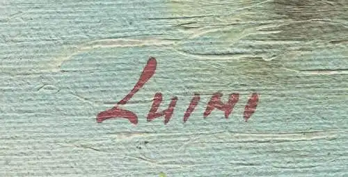 Ölbild auf Leinwand: Schiffskutter an Anlegestelle, signiert „Luini“
