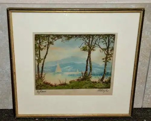 Original Farbradierung auf Seidenstoff,Segelboot auf einem Alpensee,signiert 
