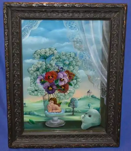 Hinterglasbild,Glasvase bemalt mit Engel u. Feldblumen,sign.: UTA ,gerahmt