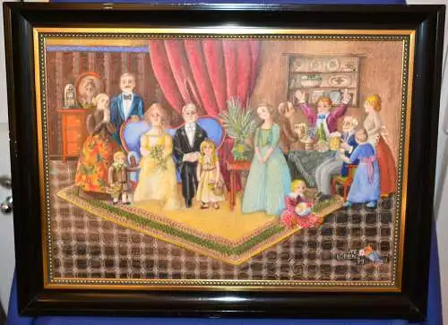 Öl-Acryl Gemälde,Hochzeitsfeier,naive Malerei,sign.:Ute Lorenz ,79 ,gerahmt