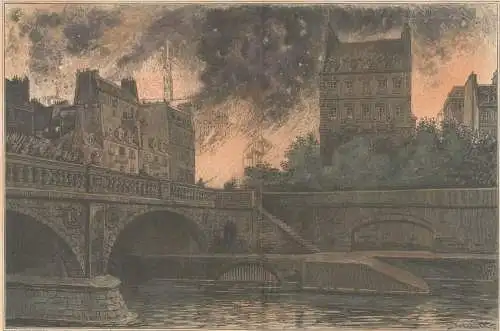 Colorierter Holzstich „Das brennende Paris“ signiert G. Dreher