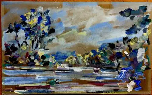 Modernes Aquarell/Pastell Seenlandschaft ,1964, signiert, mit Wasserflecken