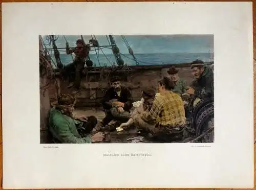 Colorierte Lithographie „Matrosen beim Kartenspiel“ nach  Henry Scott Tuke