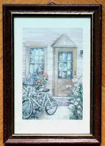 4 kleine Ansichten von Eingangstüren kleiner Häuser, Drucke gerahmt hinter Glas