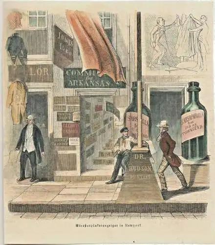 Colorierter Holzstich „Straßenplakatanzeiger in Newyork“ 