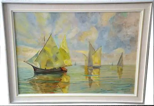 Ölbild, Öl a. Karton, arabische Fischerboote,sign.:Theissen 1942